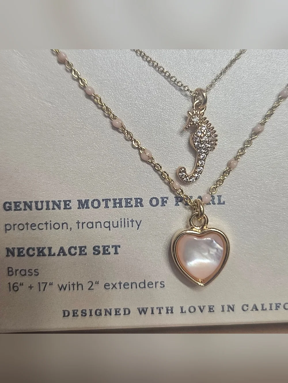 Luna Norte Pink Mother of Pearl Heart & Paved Seahorse Necklace Set - Picture 2 of 5